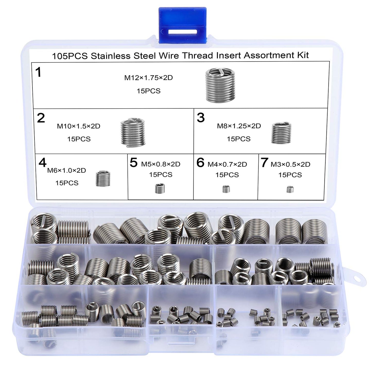 105 pezzi inserti filettati tipo helicoil, in acciaio inossidabile metrico riparazione filettatura m3 m4 m5 m6 m8 m10 m12