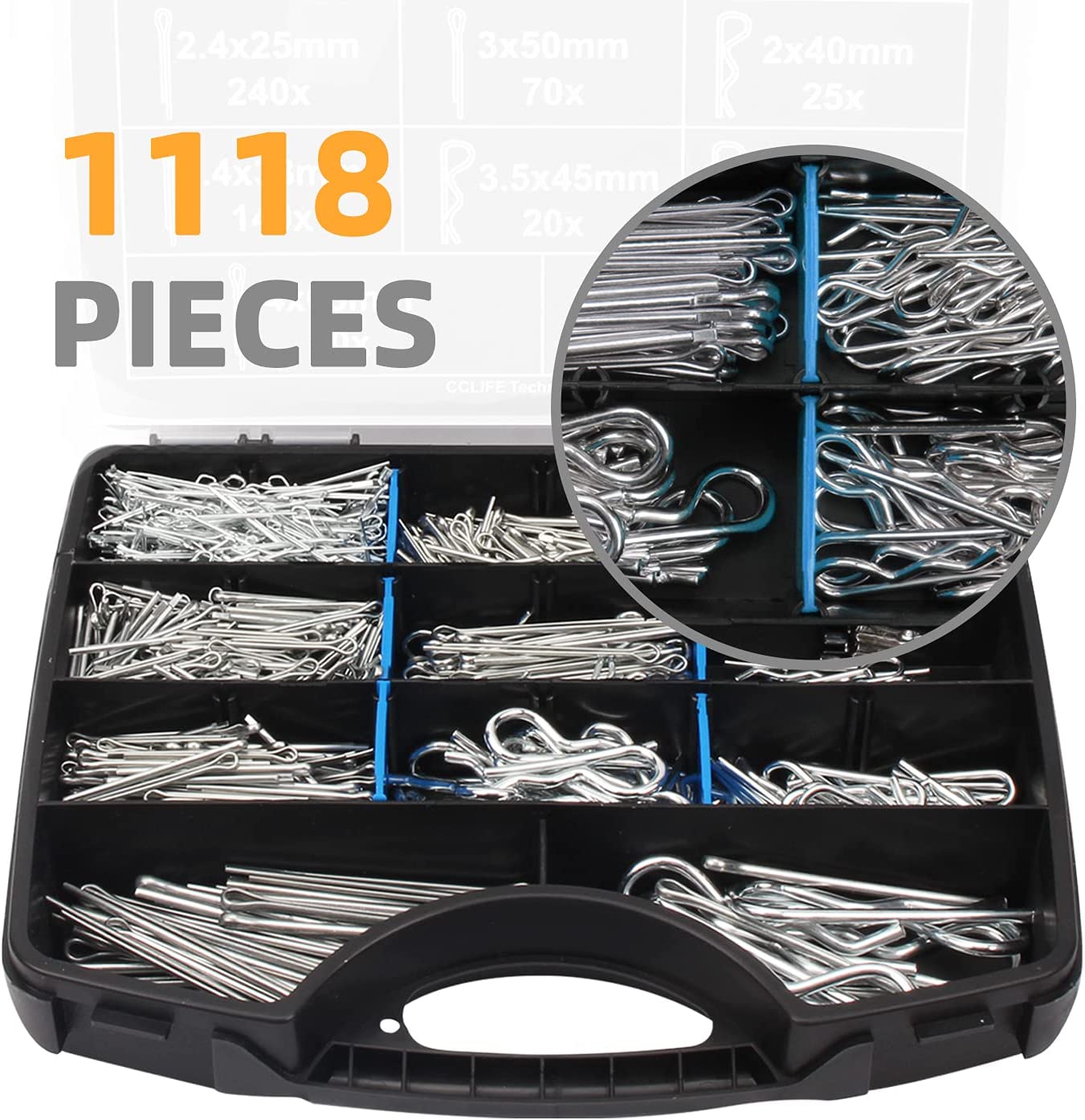 Coppiglia in accciaio perno r zincato di 12 diverse dimensioni coppiglie a molla con scatola di immagazzinaggio per riparare auto, macchinari 1118pcs