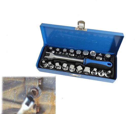 Kit professionale 20 pezzi per rimozione tappi olio motore – attacco 3/8" – quadrati, esagonali, triangolari