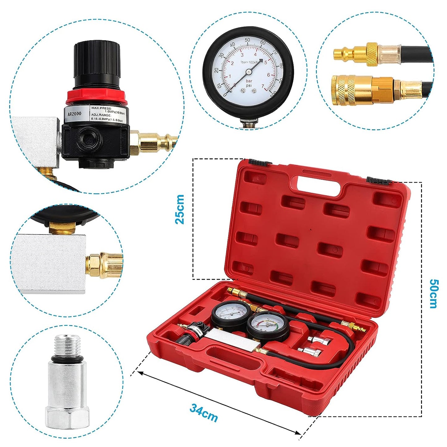 Kit tester di compressione e rilevazione perdite motore – ideale per auto, moto e camion