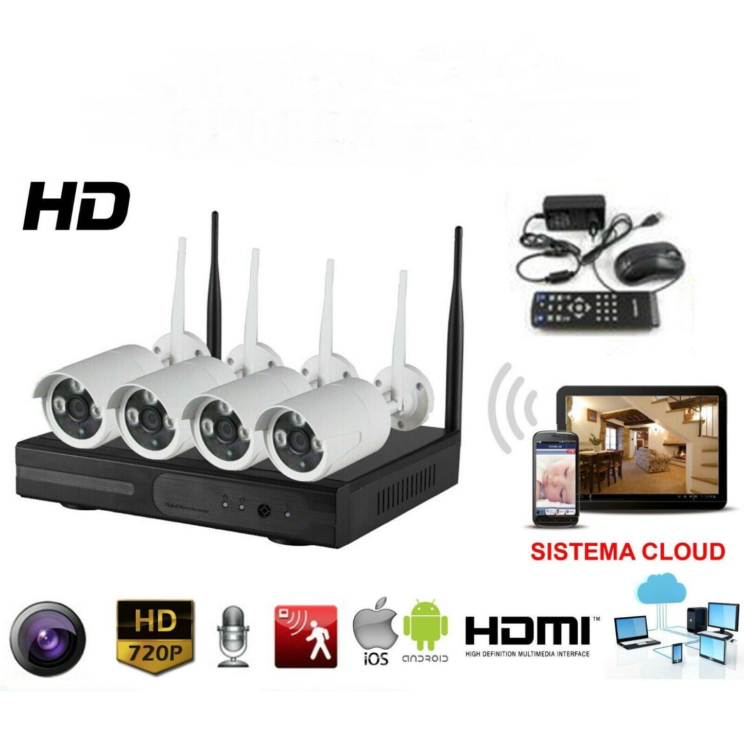 Kit videosorveglianza wifi da 4 o 8 canali telecamera infrarossi + dvr + alimentatori