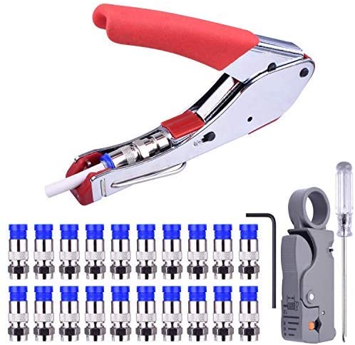 Pinza spelafili di cavo, rg59 rg6 crimpatrice cavo coassiale stripper filo coassiale e 20 pezzi f connettoi per tv via cavo audio video - nc41