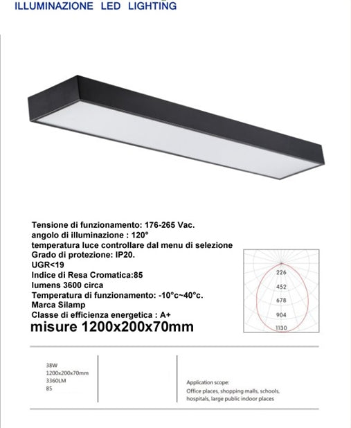 Plafoniera led da sospensione, nera o bianca, 38w incluso cavo