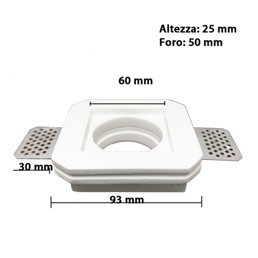 Portafaretto in gesso a scomparsa quadrato lato 9,3cm per lampadine led gu10
