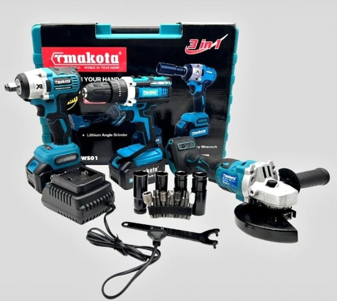 Flex / Smerigliatrice + Avvitatore Pneumatico a Impulsi + Trapano Avvitatore a Percussione Kit 3 in 1 a Doppia Batteria 68V