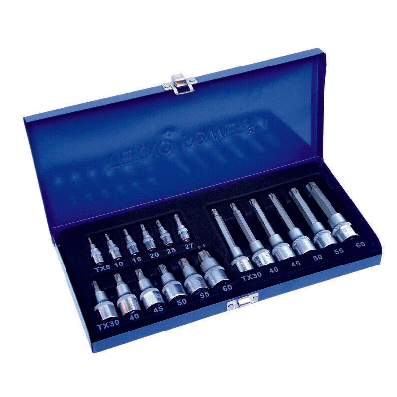 Serie inserti e bussole torx 19 pz in crom vanadium da 1/4 - 1/2