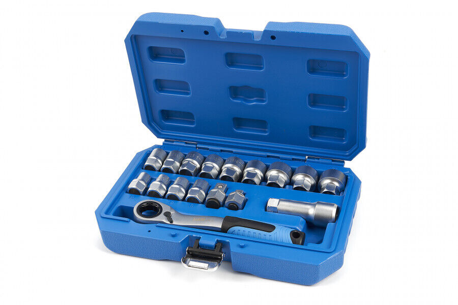 Set 17pz chiavi a bussola passanti 10-24mm 3/8" 1/2" con cricchetto reversibile