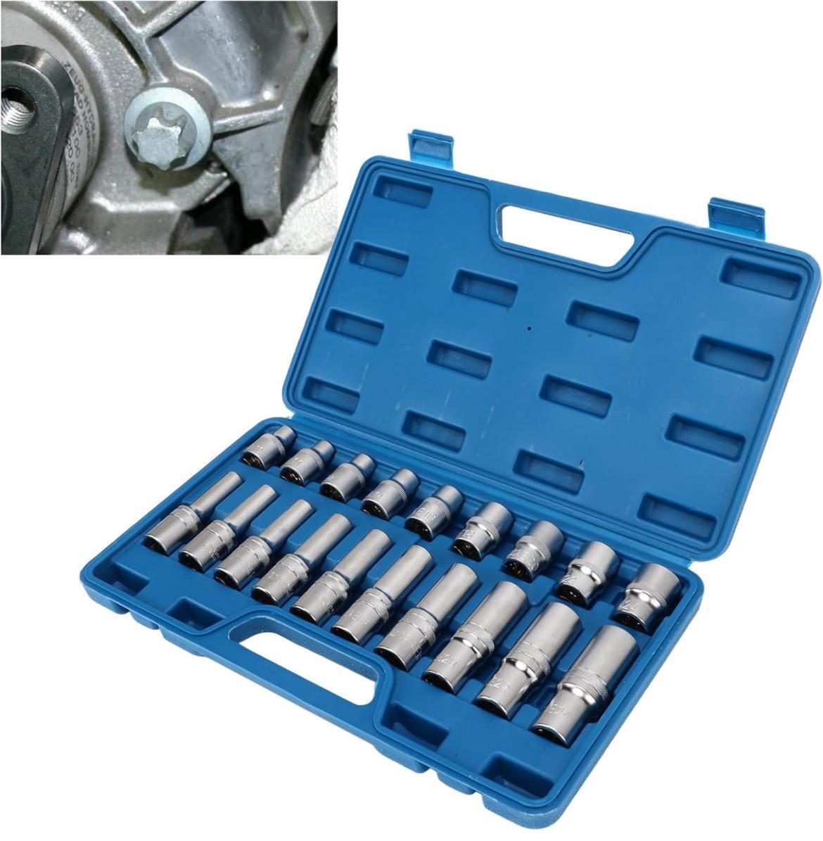 Set 19 bussole torx femmina 1/2" da e8 a e24 – corte e lunghe – per avvitatori a percussione