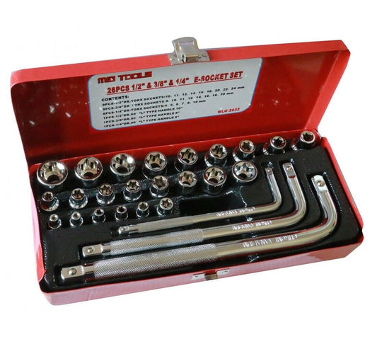 Set 26 chiavi a bussola torx femmina e4–e24 | attacchi 1/2", 3/8", 1/4" + leve a l 90°