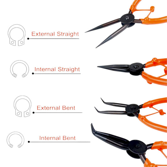 Set 4 pinze per anelli elastici 7'' interni/esterni dritte/angolo 90° +custodia