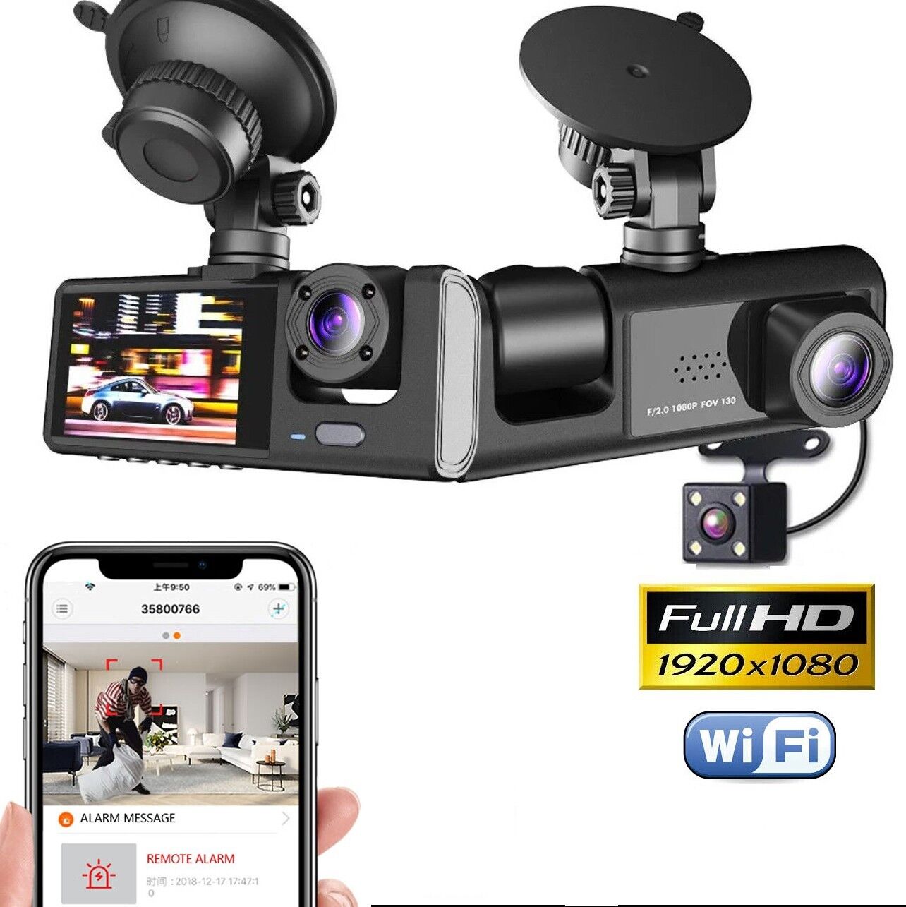 Telecamera per auto daschcam wifi dvr video con visione notturna con 3 telecamere