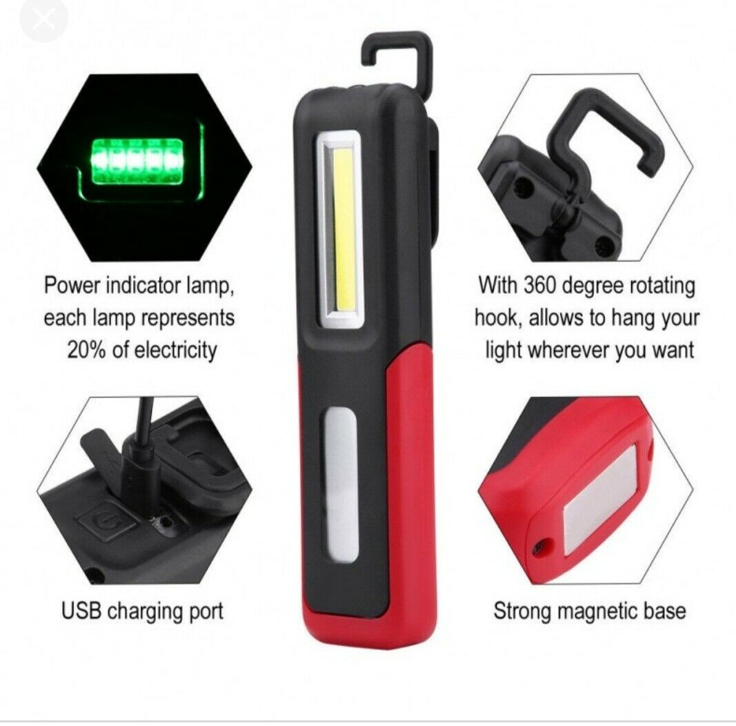 Torcia ricaricabile led cob magnetica intermittenza rossa con gancio