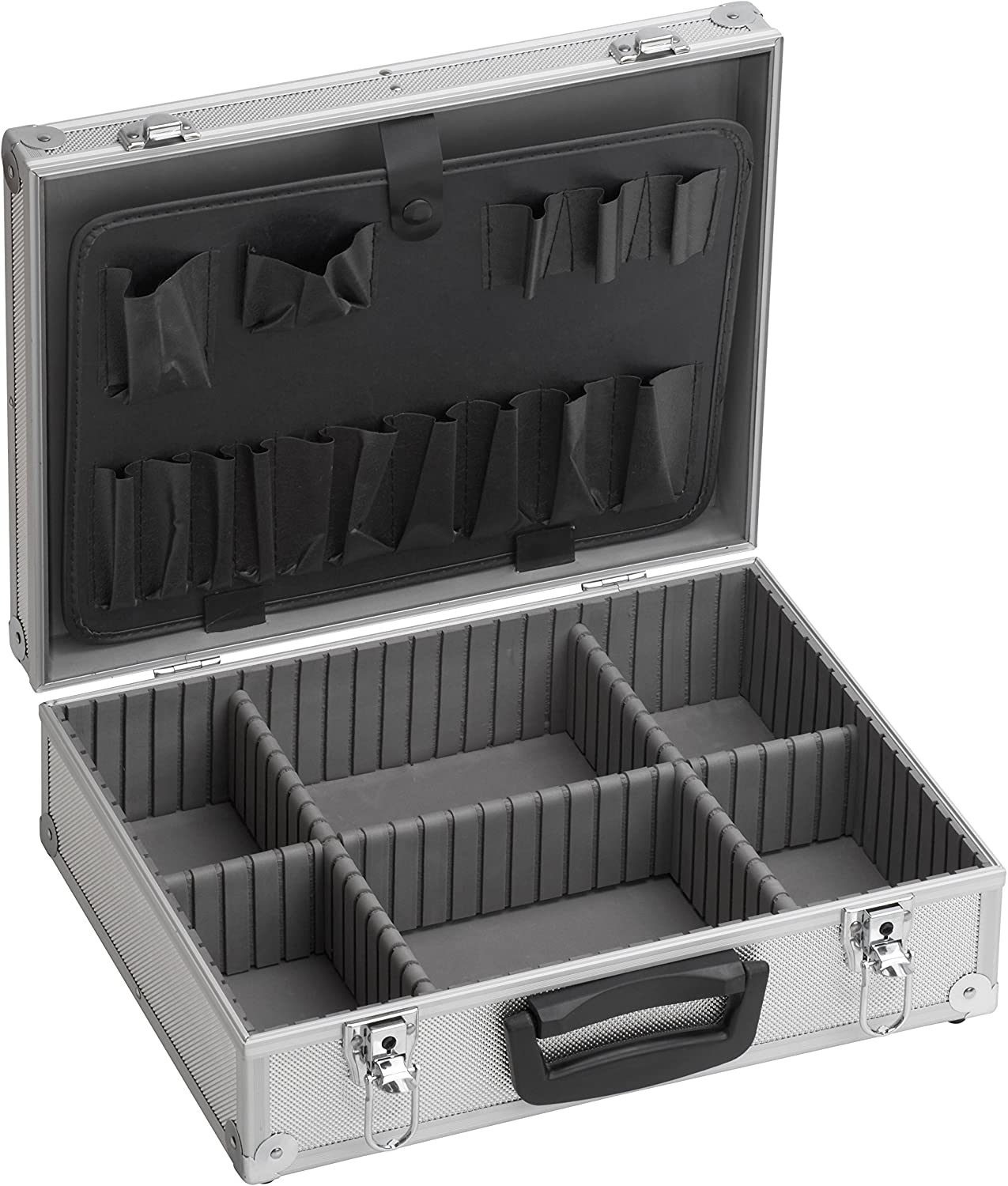 Valigetta in alluminio porta attrezzi, rinforzato, interni in gomma piuma, divisori removibili, chiusura di sicurezza, 395 x 300 x 130 mm.
