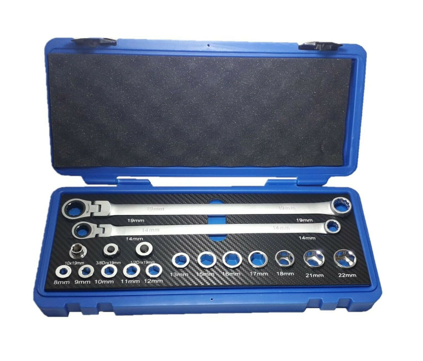 Valigia set chiavi a bussola 17 pezzi lunghe a cricchetto con snodo da 8 a 22mm