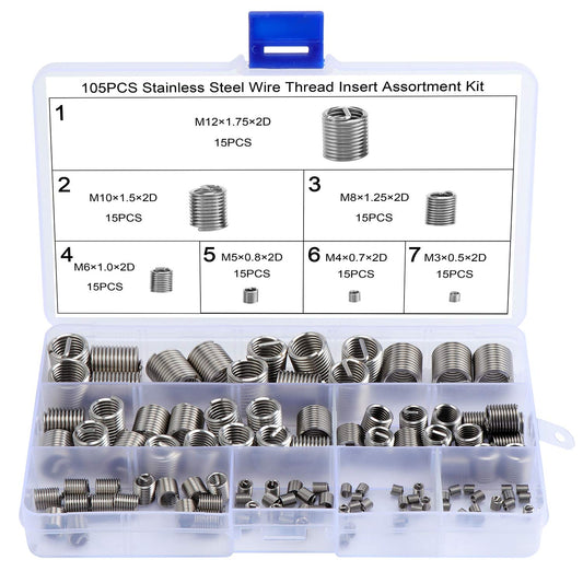 105 pezzi inserti filettati tipo helicoil, in acciaio inossidabile metrico riparazione filettatura m3 m4 m5 m6 m8 m10 m12