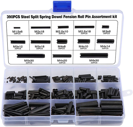 390 pcs perno di tensione a molla,perno con intaglio, diviso perno di centraggio molla rullo perno m1.5 m2 m2.5 m3 m4 m5 m6
