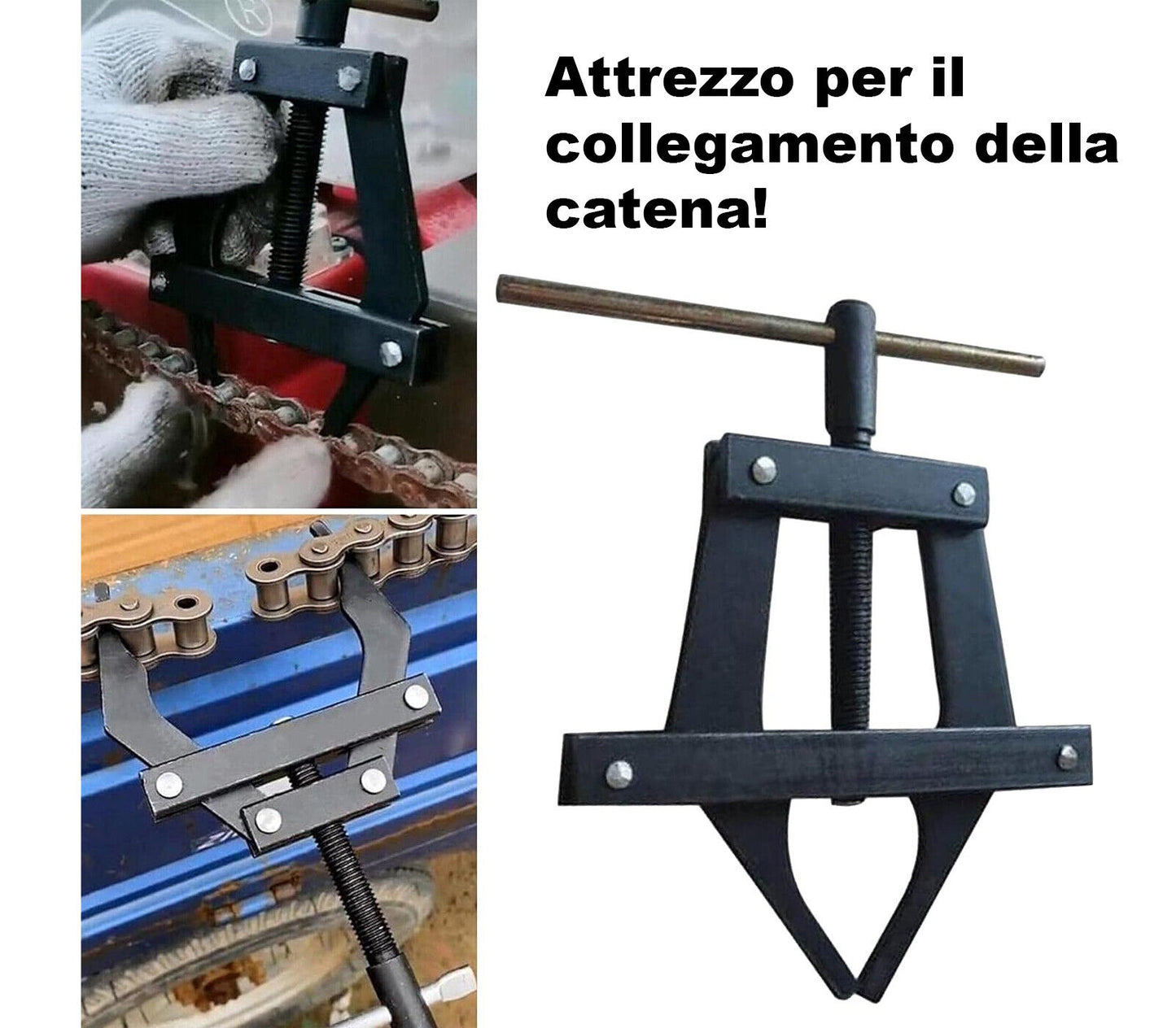 Attrezzo per collegamento e riparazione catena di moto e biciclette