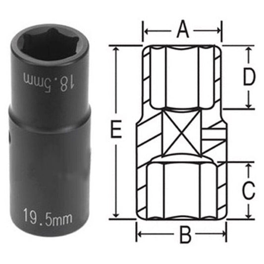 Chiave a bussola rinforzata doppia per dadi ruote ford – 18.5 / 19.5 mm – attacco 1/2" | lunghezza 75 mm