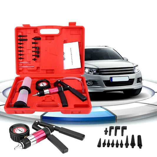Kit pompa a vuoto manuale con tester – 2 vasetti, tubi e adattatori per spurgo freni | attrezzo universale per officina auto
