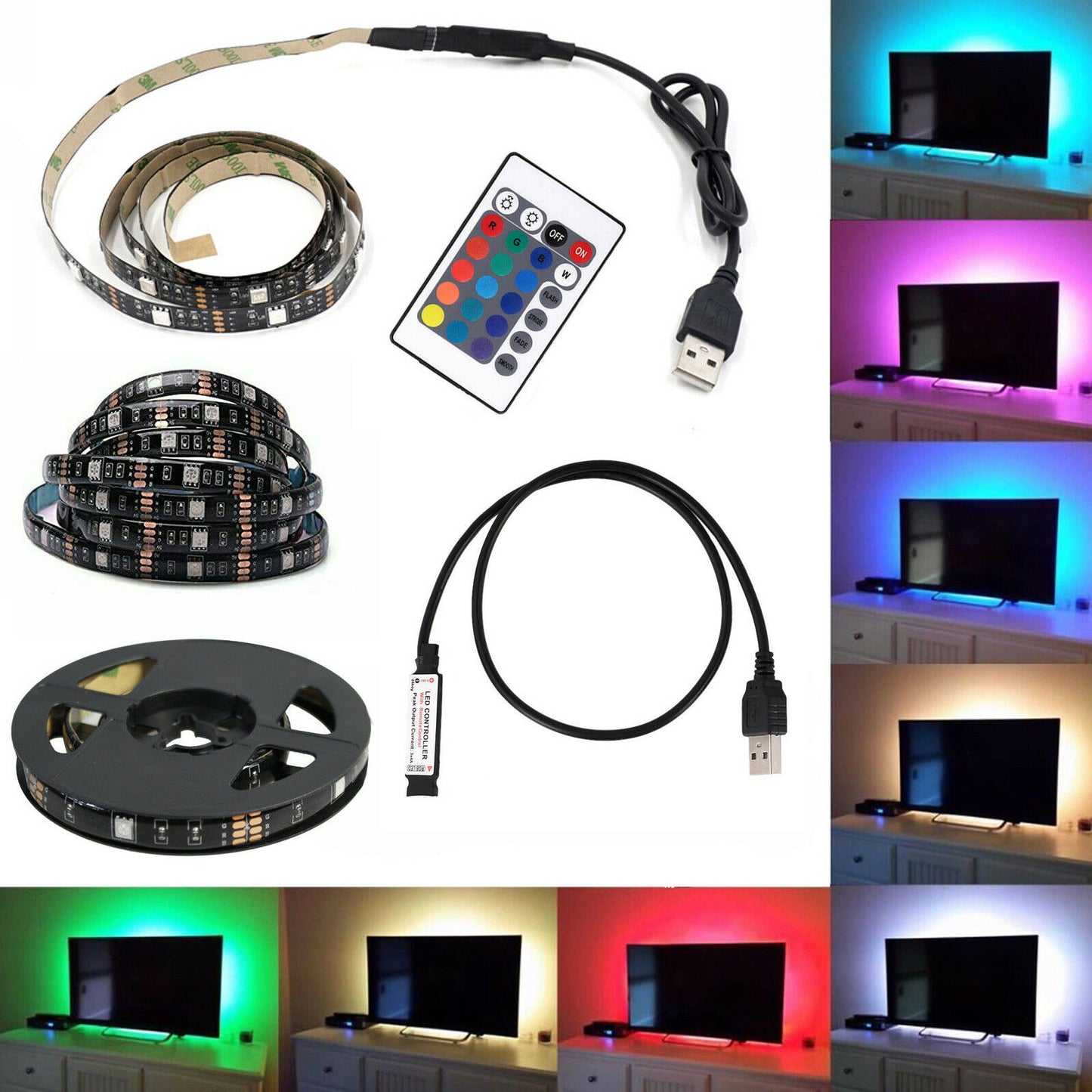 Kit tv striscia strip led usb rgb 5v per retroilluminazione da 2mt, 3 mt o 5mt