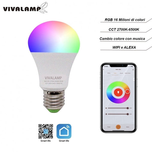 Lampadina led smart e27 a60 9w 220v rgbw cct wifi luce dimmerabile regolabile