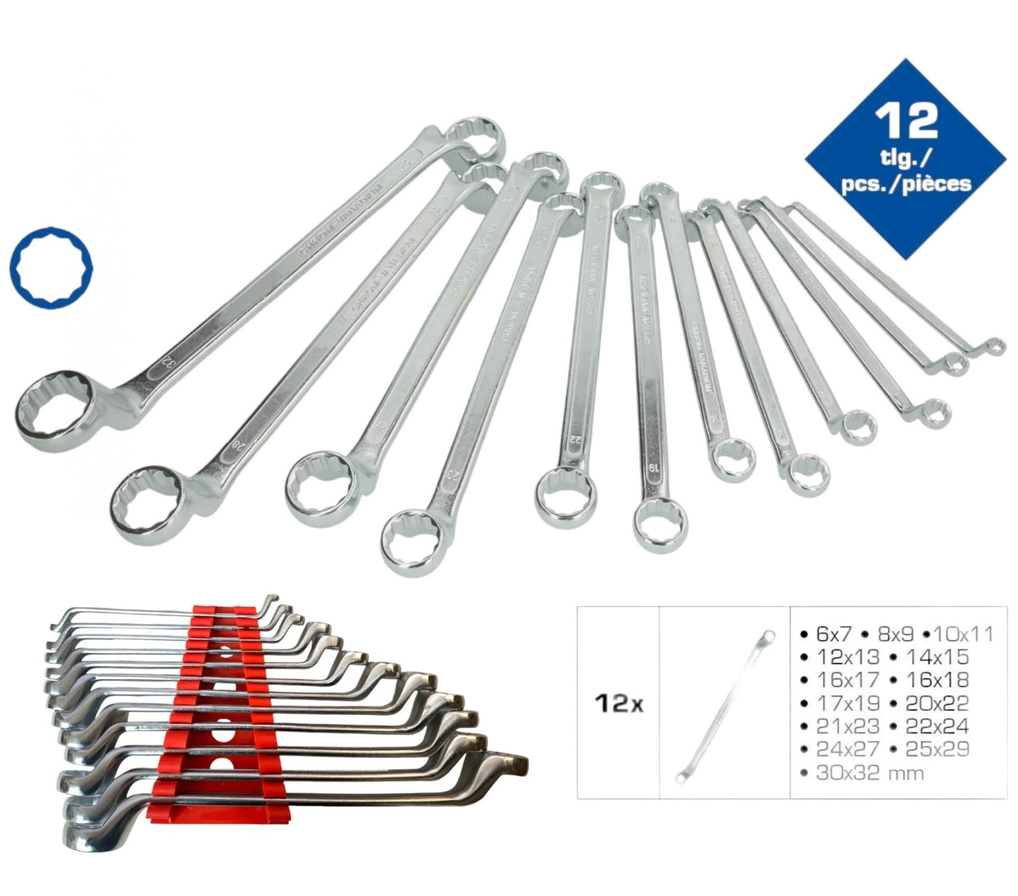 Set 12 pezzi chiavi a stella poligonali doppie curve con custodia da 6 a 32mm