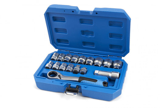Set 17pz chiavi a bussola passanti 10-24mm 3/8" 1/2" con cricchetto reversibile