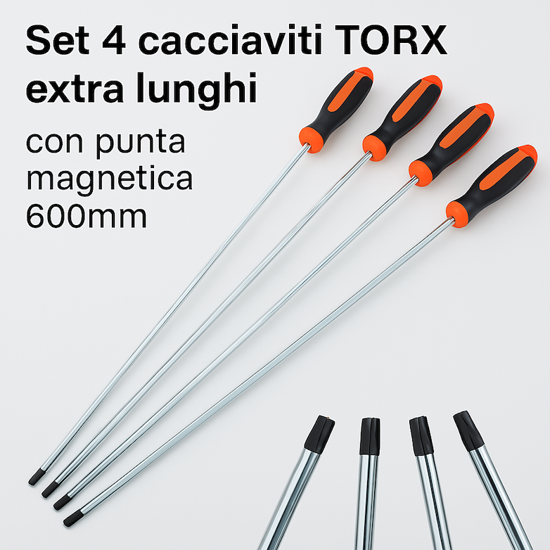 Set 4 cacciaviti torx extra lunghi – punta magnetica 600mm (t20-t40)