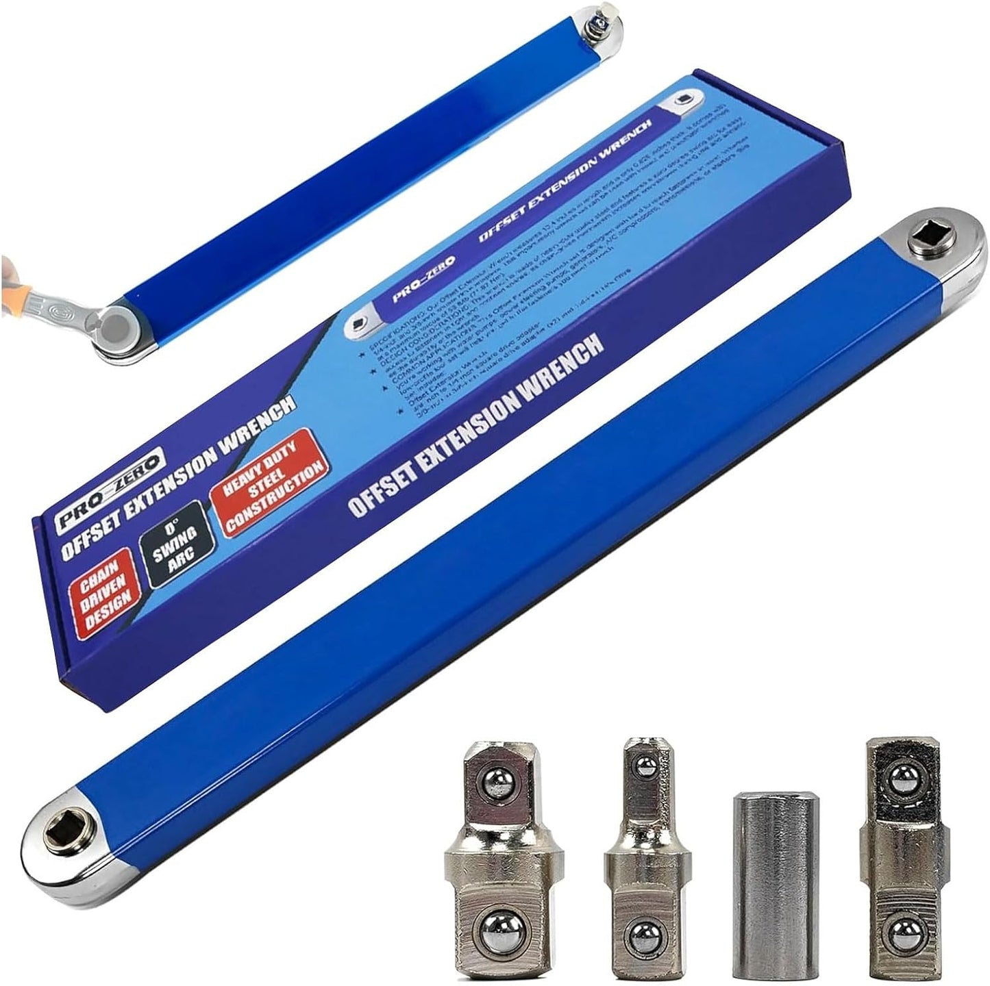 Set di chiavi di estensione a offset zero con adattatori per unità quadrata da 1/2", 1/4" e 3/8", chiave a cricchetto universale estesa