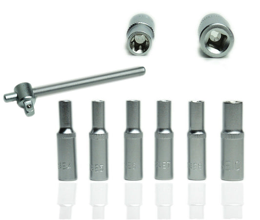 Set 7 pz 6 chiavi a bussola torx 1/4" scalanati striscia clip millerighe chivaino