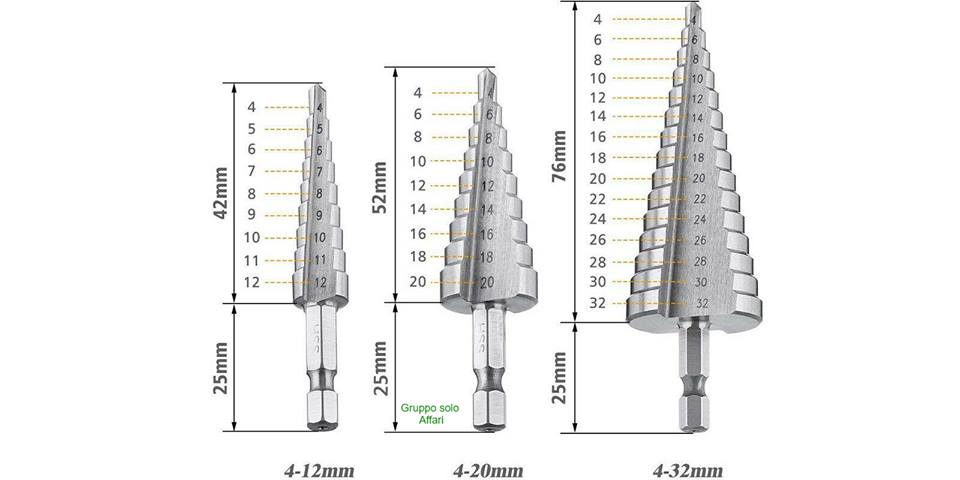 Set da 3pz punte frese coniche a gradino scalino 4-12-20-32mm allargafori